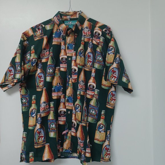 SOLD!--Big Dogs Vintage Hawaiian Shirt, Beer Bottles, Short Sleeve, Green, Large - Picture 2 of 6